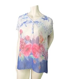 Point Zero Floral Sheer Chiffon Blouse Blue Ombre Y2K Fairycore Boho V-Neck M